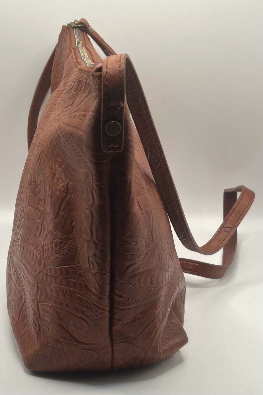 American Leather Co. Brown Tooled Floral Embossed Leather Crossbody Bag - Picture 3 of 9